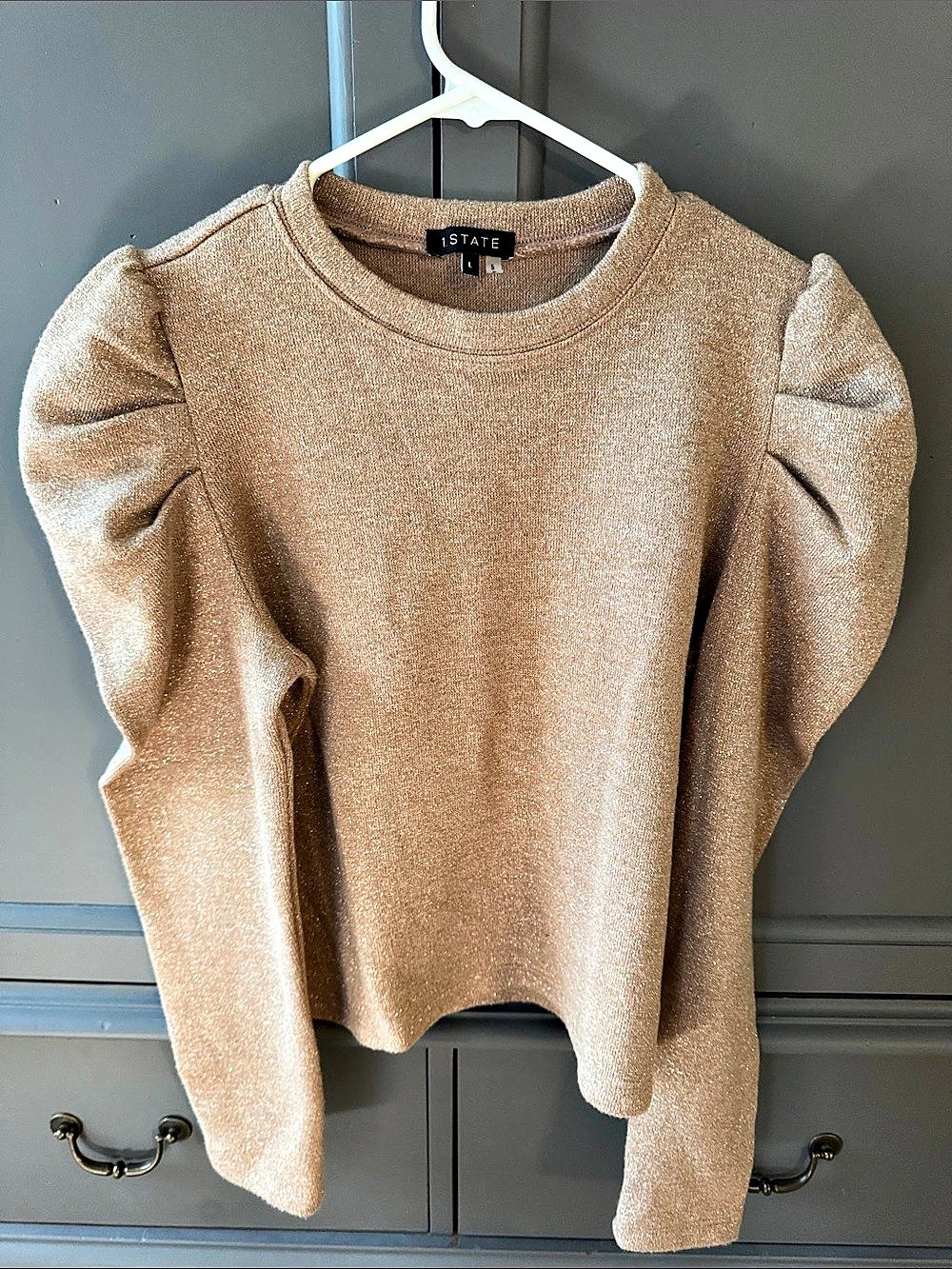 1 State Puff Sleeve Crewneck Sweater in Brown/ Gold Like New
